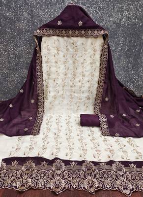  white heavy embroidery & fancy border vichitra silk dress material 2