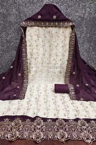  white heavy embroidery & fancy border vichitra silk dress material