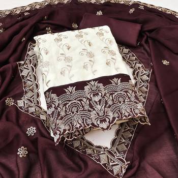  white heavy embroidery & fancy border vichitra silk dress material 1