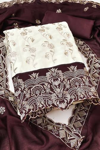 Women's white unstitched heavy embroidery & fancy border vichitra silk dress material (gngr50130bwn)