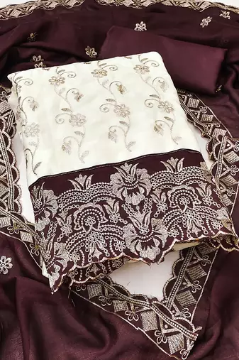Women's white unstitched heavy embroidery & fancy border vichitra silk dress material (gngr50130bwn)
