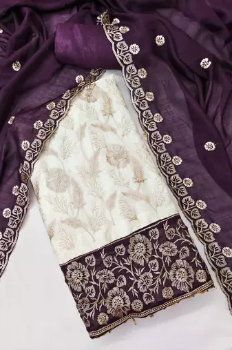  white heavy embroidery & fancy border vichitra silk dress material