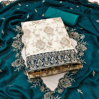  white heavy embroidery & fancy border vichitra silk dress material 1