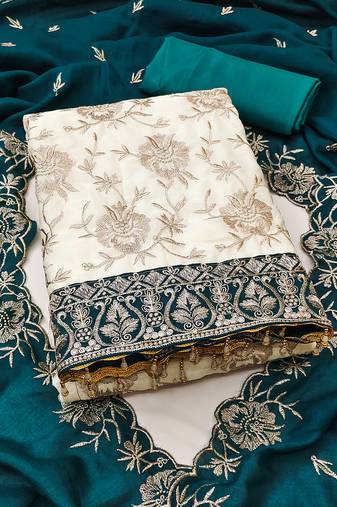 Women's white unstitched heavy embroidery & fancy border vichitra silk dress material (gngr50129tbl)
