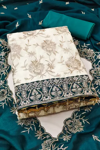 Women's white unstitched heavy embroidery & fancy border vichitra silk dress material (gngr50129tbl)