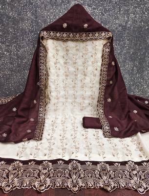  white heavy embroidery & fancy border vichitra silk dress material 2