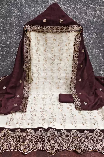  white heavy embroidery & fancy border vichitra silk dress material