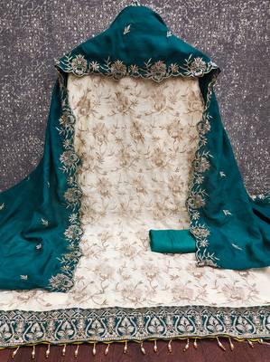  white heavy embroidery & fancy border vichitra silk dress material 2