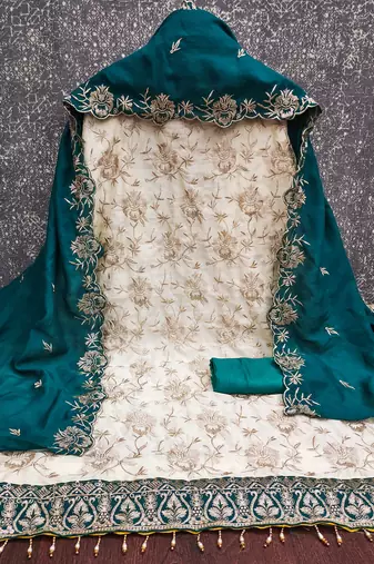  white heavy embroidery & fancy border vichitra silk dress material