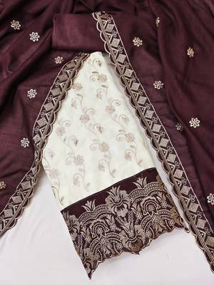  white heavy embroidery & fancy border vichitra silk dress material 3