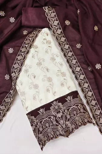  white heavy embroidery & fancy border vichitra silk dress material