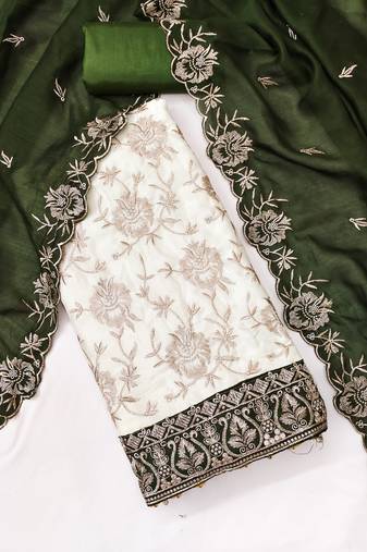 Women's white unstitched heavy embroidery & fancy border vichitra silk dress material (gngr50129grn)