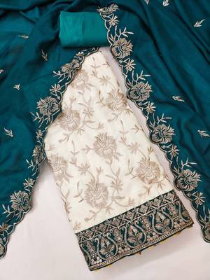  white heavy embroidery & fancy border vichitra silk dress material 3