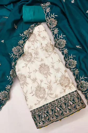  white heavy embroidery & fancy border vichitra silk dress material