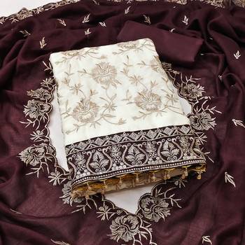  white heavy embroidery & fancy border vichitra silk dress material 1