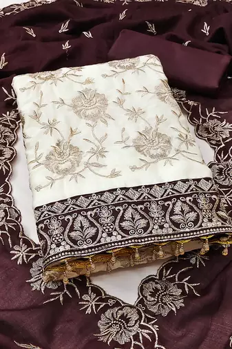 Women's white unstitched heavy embroidery & fancy border vichitra silk dress material (gngr50129bwn)