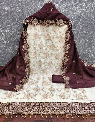  white heavy embroidery & fancy border vichitra silk dress material 2