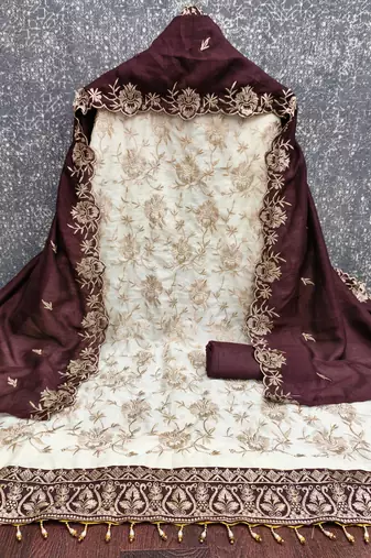  white heavy embroidery & fancy border vichitra silk dress material