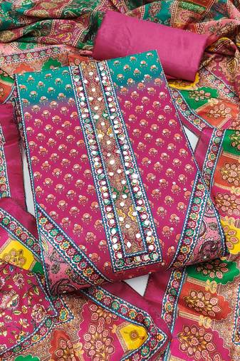 Women's multi unstitched digital print & fancy border chinnon dress material (gngr50128pnk)