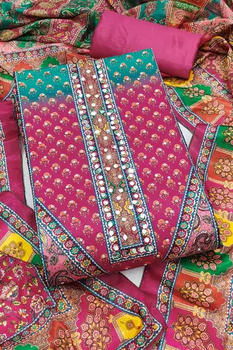 Women's multi unstitched digital print & fancy border chinnon dress material (gngr50128pnk)