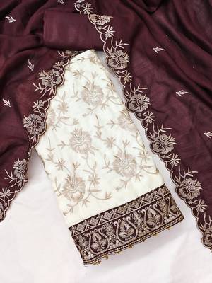  white heavy embroidery & fancy border vichitra silk dress material 3