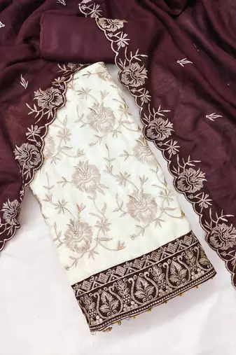  white heavy embroidery & fancy border vichitra silk dress material