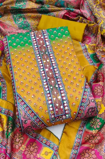 Women's multi unstitched digital print & fancy border chinnon dress material (gngr50128mtd)