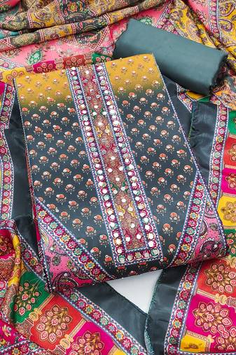 Women's multi unstitched digital print & fancy border chinnon dress material (gngr50128gry)