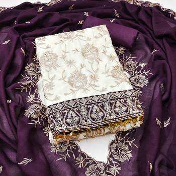  white heavy embroidery & fancy border vichitra silk dress material 1