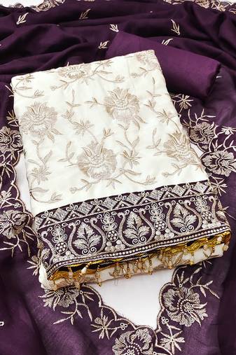 Women's white unstitched heavy embroidery & fancy border vichitra silk dress material (gngr50129ppl)