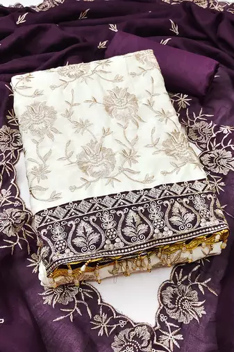 Women's white unstitched heavy embroidery & fancy border vichitra silk dress material (gngr50129ppl)