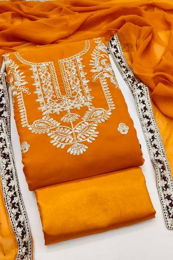 Women's yellow unstitched heavy embroidery & fancy border georgette dress material (gngr50127ylw)