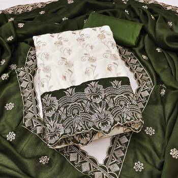  white heavy embroidery & fancy border vichitra silk dress material 1