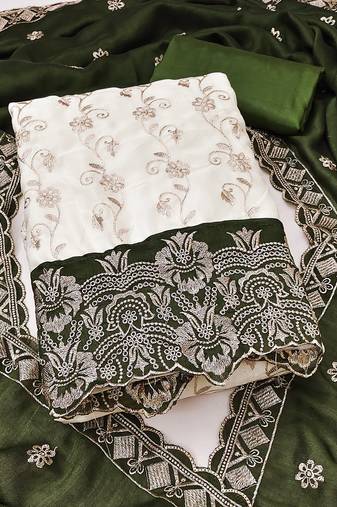 Women's white unstitched heavy embroidery & fancy border vichitra silk dress material (gngr50130grn)