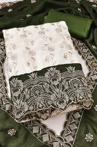 Women's white unstitched heavy embroidery & fancy border vichitra silk dress material (gngr50130grn)