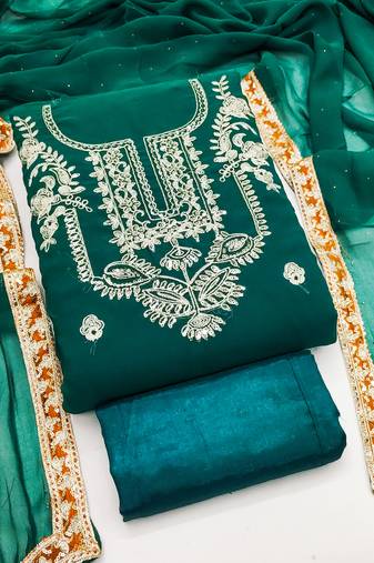 Women's sea green unstitched heavy embroidery & fancy border georgette dress material (gngr50127sgn)