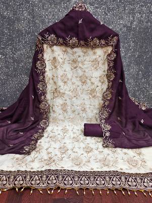  white heavy embroidery & fancy border vichitra silk dress material 2
