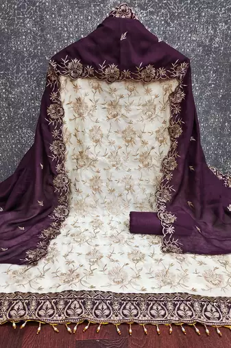  white heavy embroidery & fancy border vichitra silk dress material