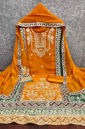  yellow heavy embroidery & fancy border georgette dress material