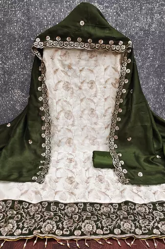  white heavy embroidery & fancy border vichitra silk dress material
