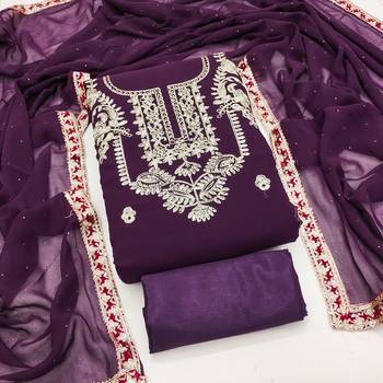  purple heavy embroidery & fancy border georgette dress material 1