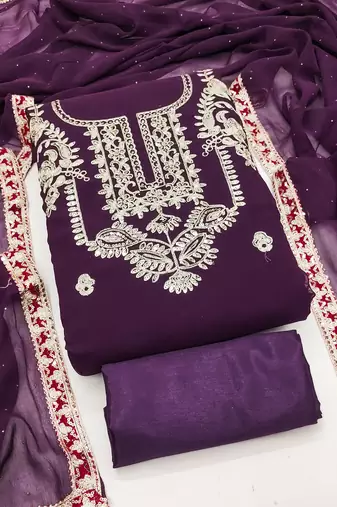Women's purple unstitched heavy embroidery & fancy border georgette dress material (gngr50127ppl)