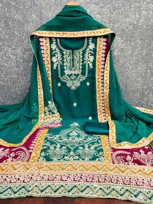  sea green heavy embroidery & fancy border georgette dress material 2