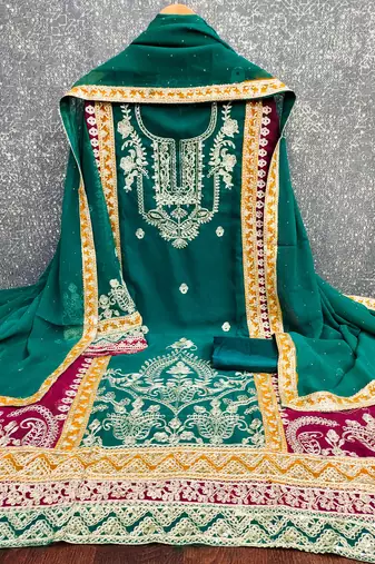  sea green heavy embroidery & fancy border georgette dress material