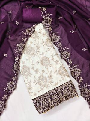  white heavy embroidery & fancy border vichitra silk dress material 3