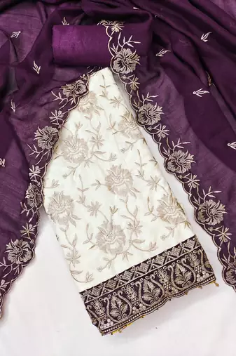  white heavy embroidery & fancy border vichitra silk dress material
