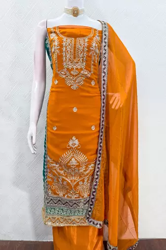  yellow heavy embroidery & fancy border georgette dress material