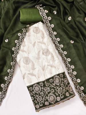  white heavy embroidery & fancy border vichitra silk dress material 3