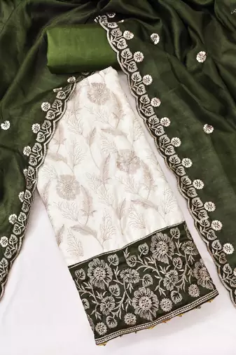  white heavy embroidery & fancy border vichitra silk dress material