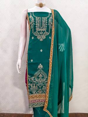  sea green heavy embroidery & fancy border georgette dress material 3